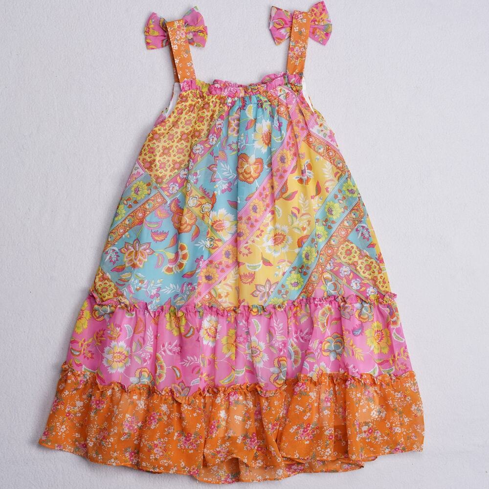 Girls Patchwork Tiered Sundress Pink Orange Floral Paisley Bow Straps Size 7